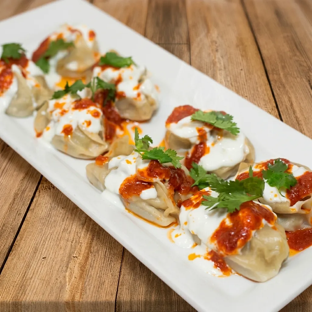 Handmade Afghan Mantu dumplings with chickpea yogurt sauce at Kabul Fourteen Winnipeg